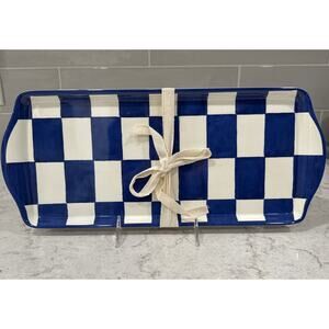 Set 2 Checkered 15” Navy Blue Melamine Serving Trays Shiny Finish Platter Tray